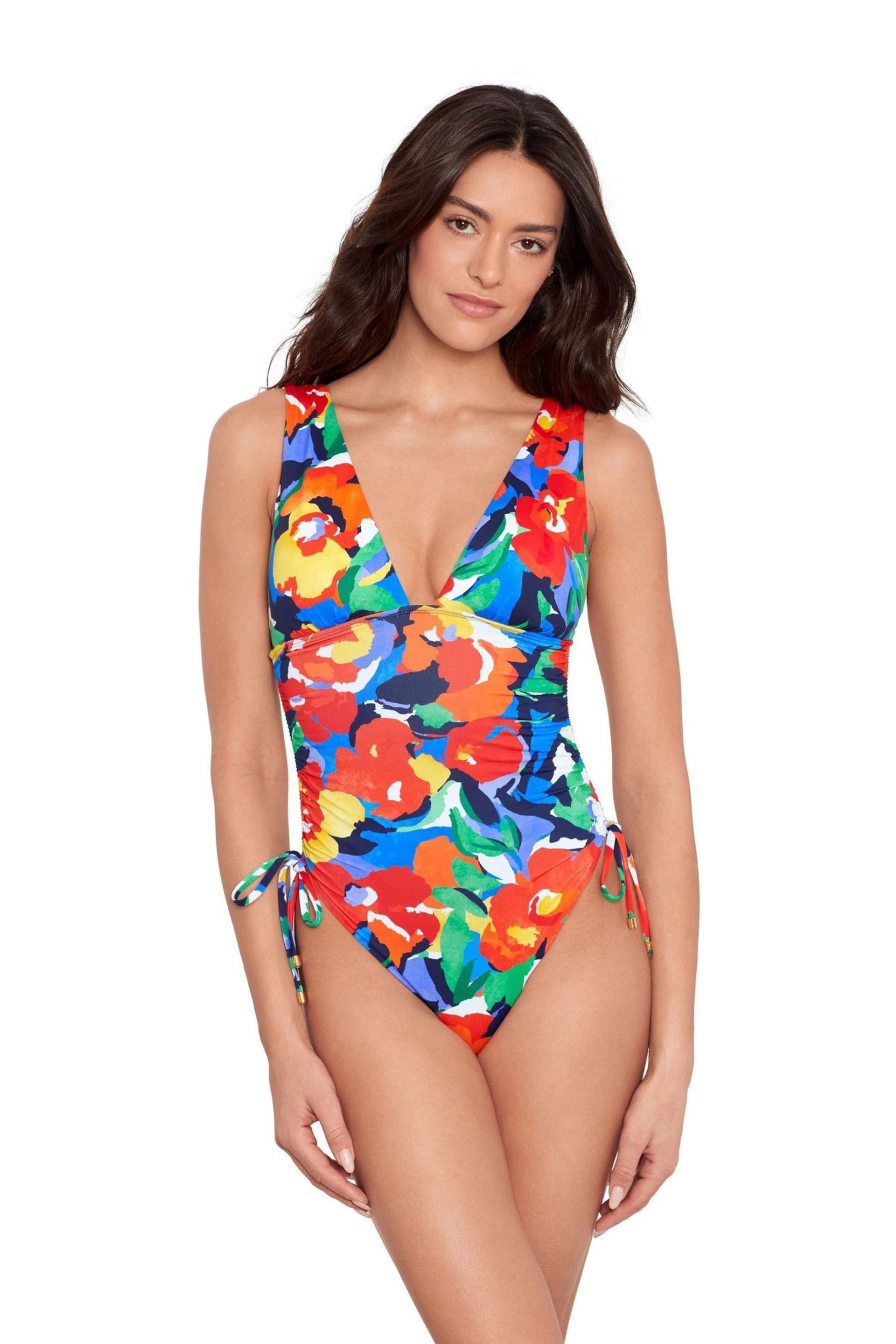 Lauren Ralph Lauren Blue Bold Abstract Floral Shirred Plunge Swimsuit - Image 1 of 4