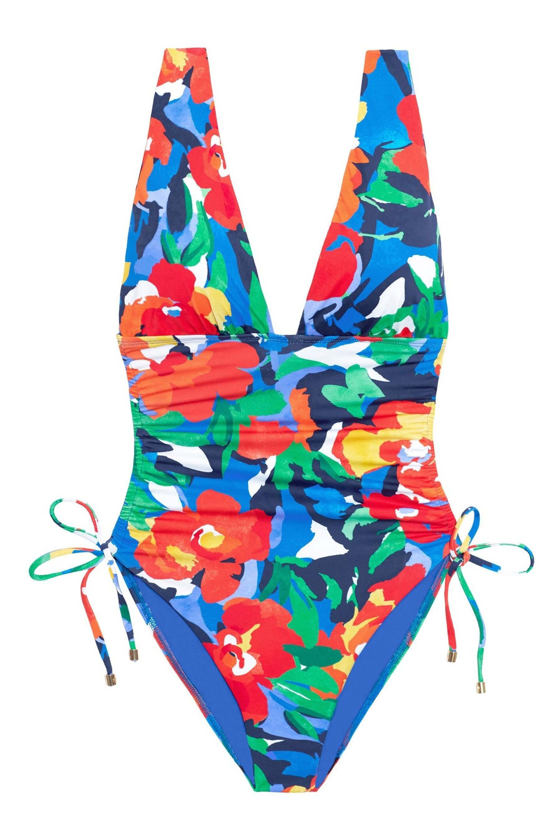 Lauren Ralph Lauren Blue Bold Abstract Floral Shirred Plunge Swimsuit - Image 4 of 4