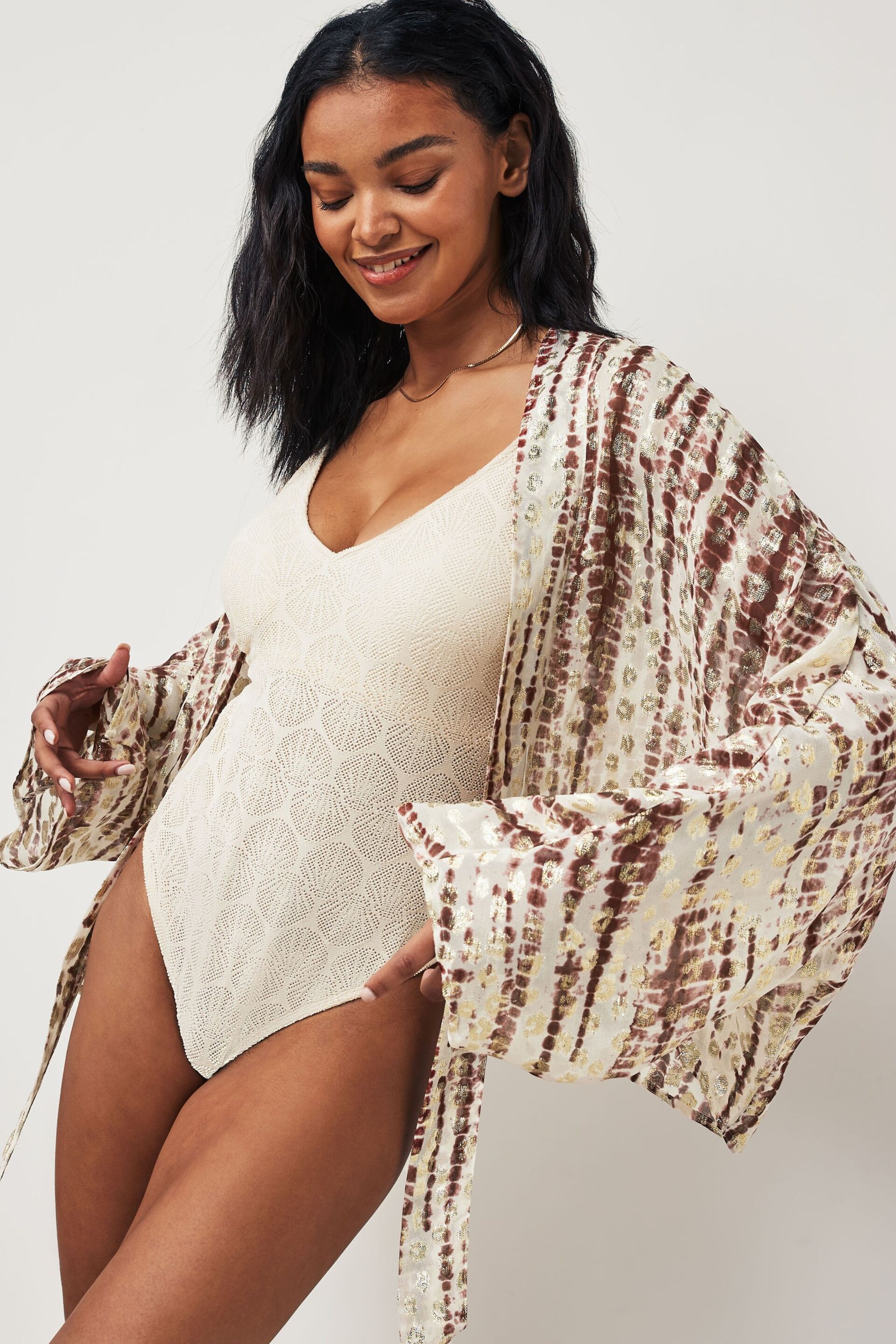 Rust Brown/Gold Tie Front Kimono Cover-Up - Image 1 of 7