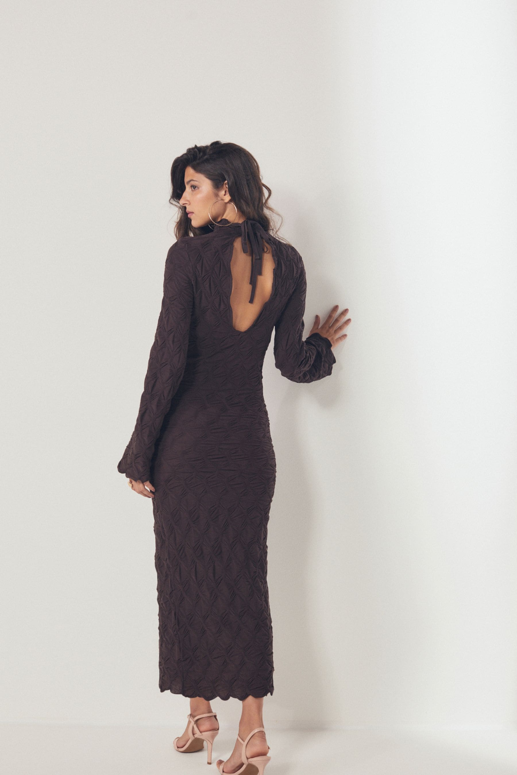 Buy Brown Long Sleeve Textured Column Dress from Next Luxembourg