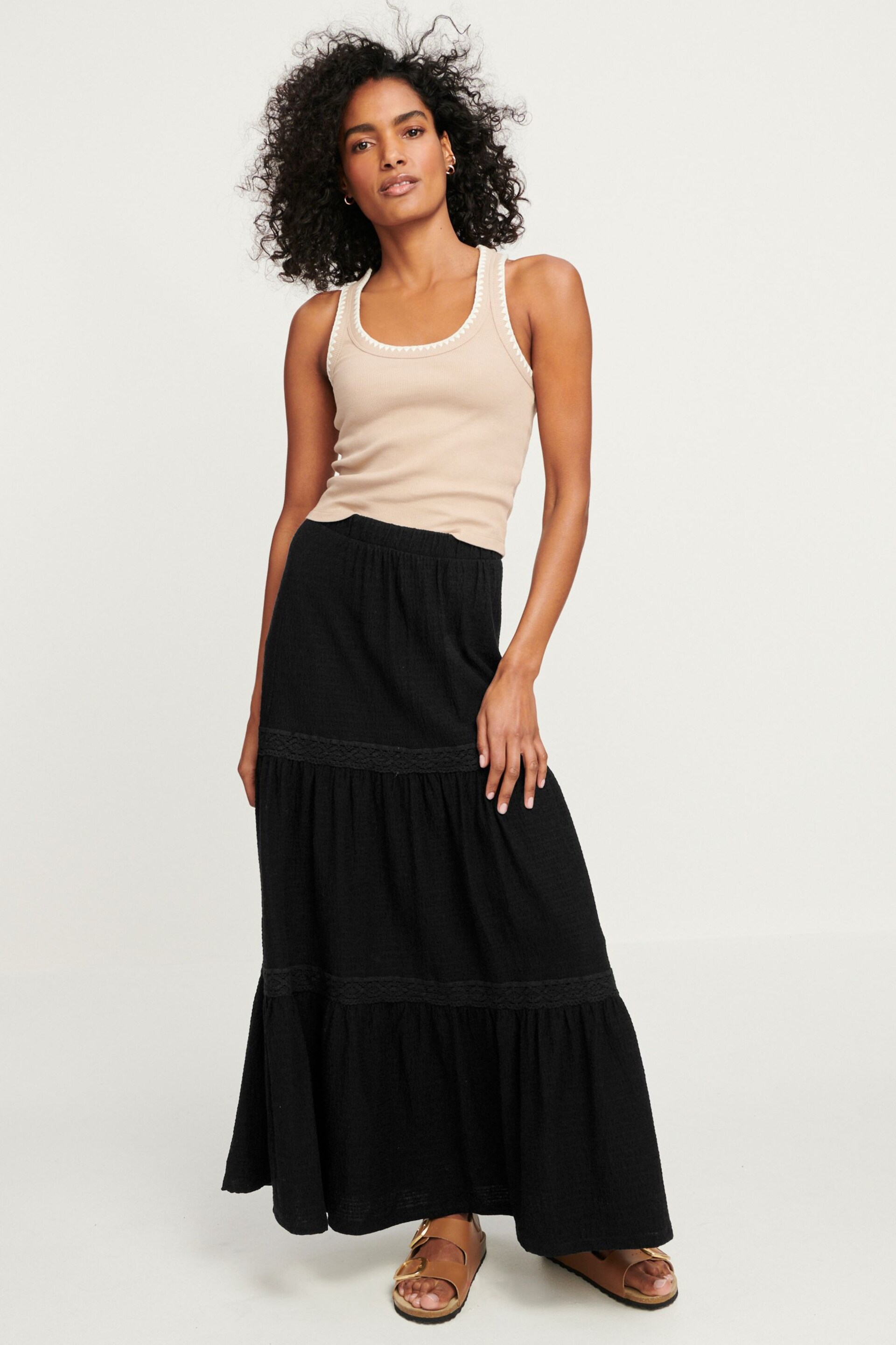 Black Textured Maxi Skirt With Crochet Trim - Image 1 of 6