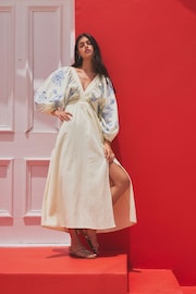 Cream & Blue Embroidered Long Sleeve Dress - Image 1 of 7