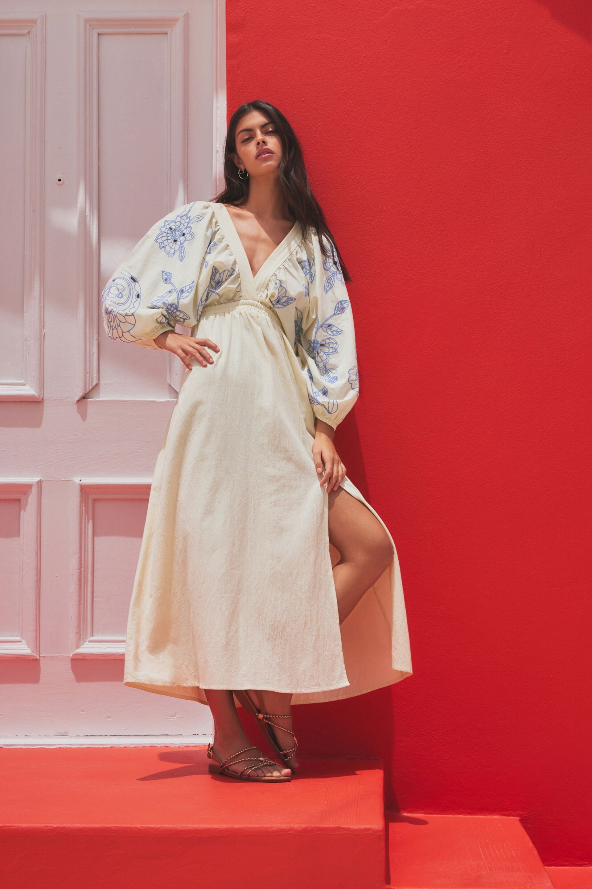 Cream & Blue Embroidered Long Sleeve Dress - Image 1 of 7