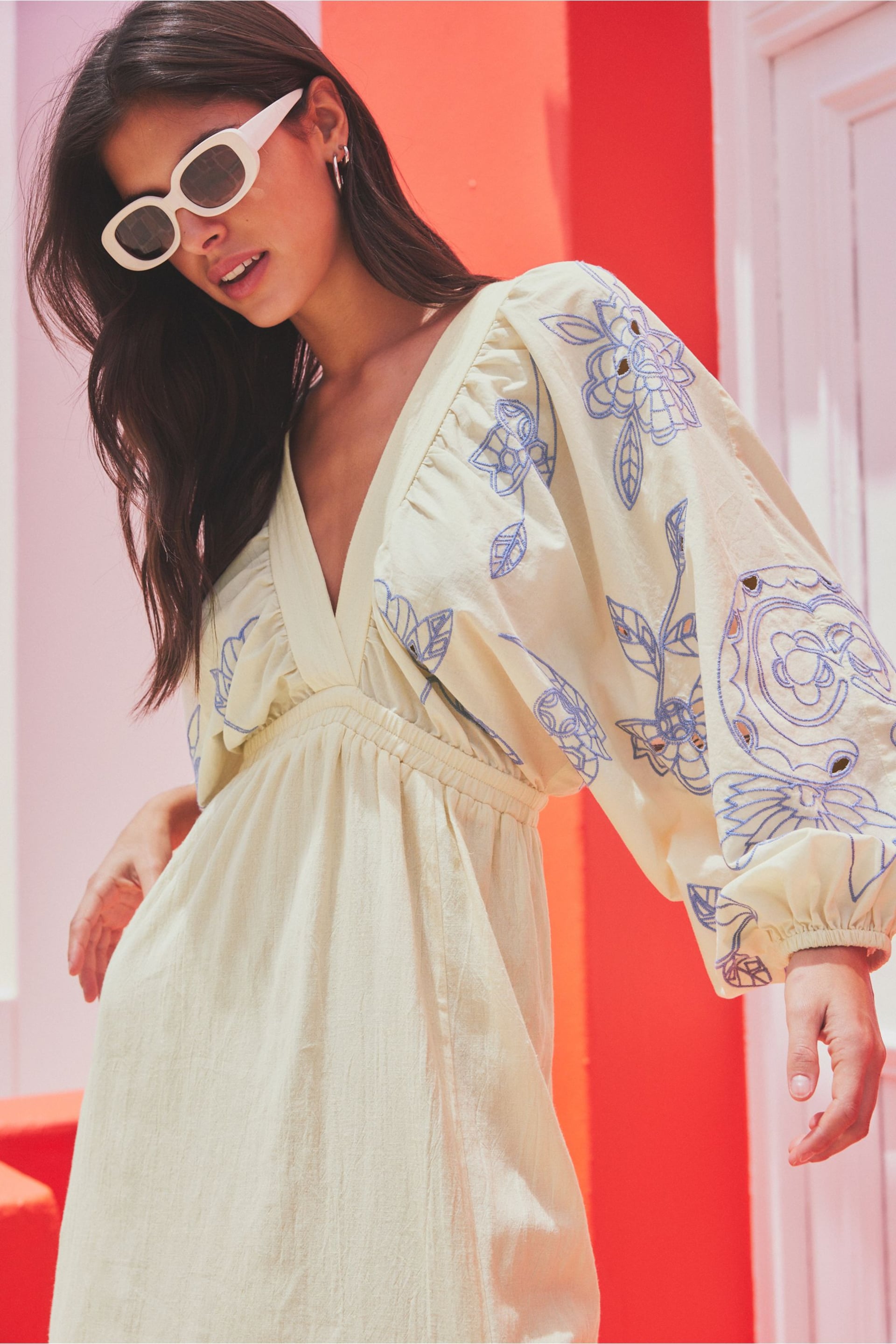 Cream & Blue Embroidered Long Sleeve Dress - Image 4 of 7