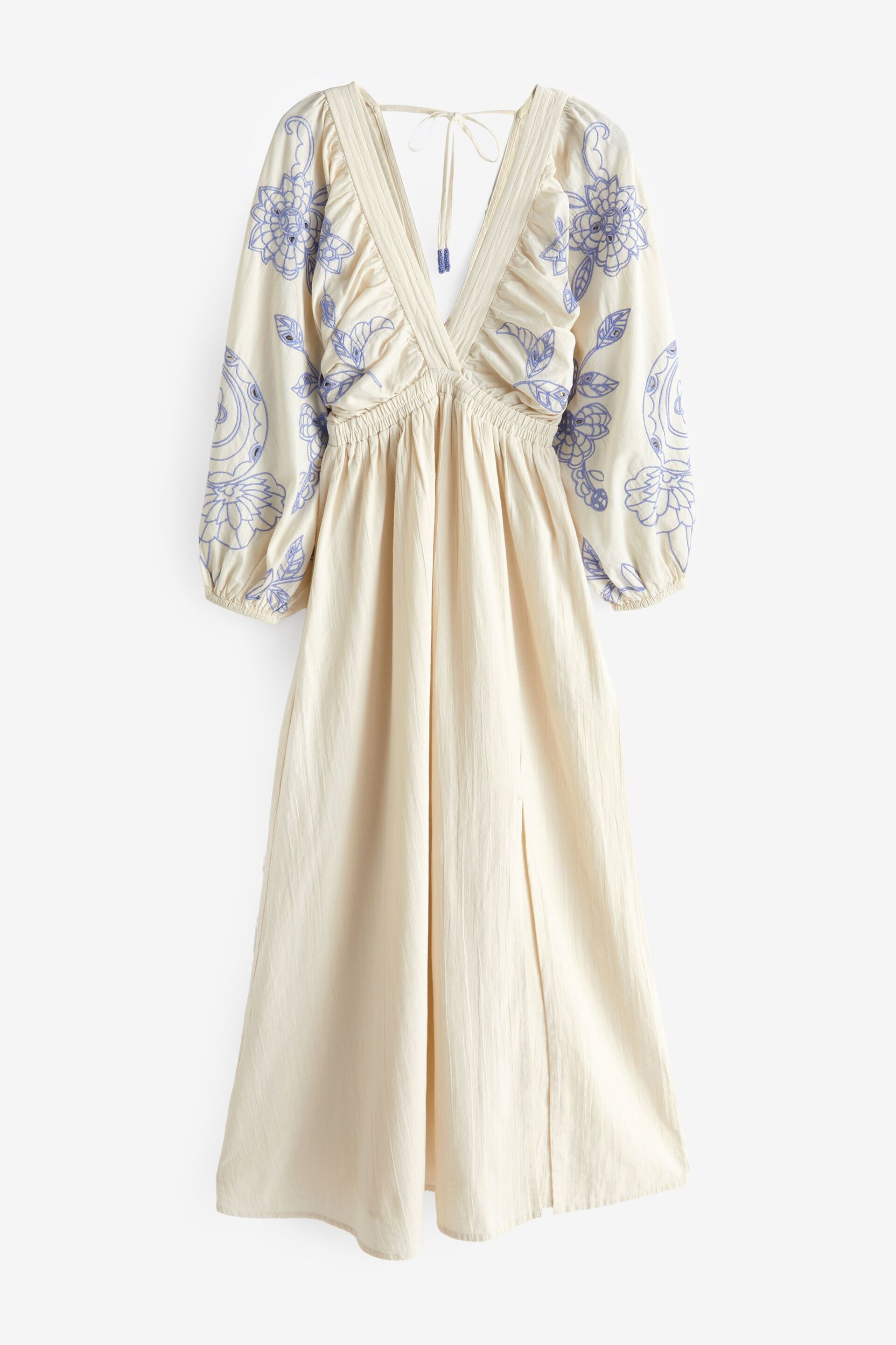 Cream & Blue Embroidered Long Sleeve Dress - Image 6 of 7