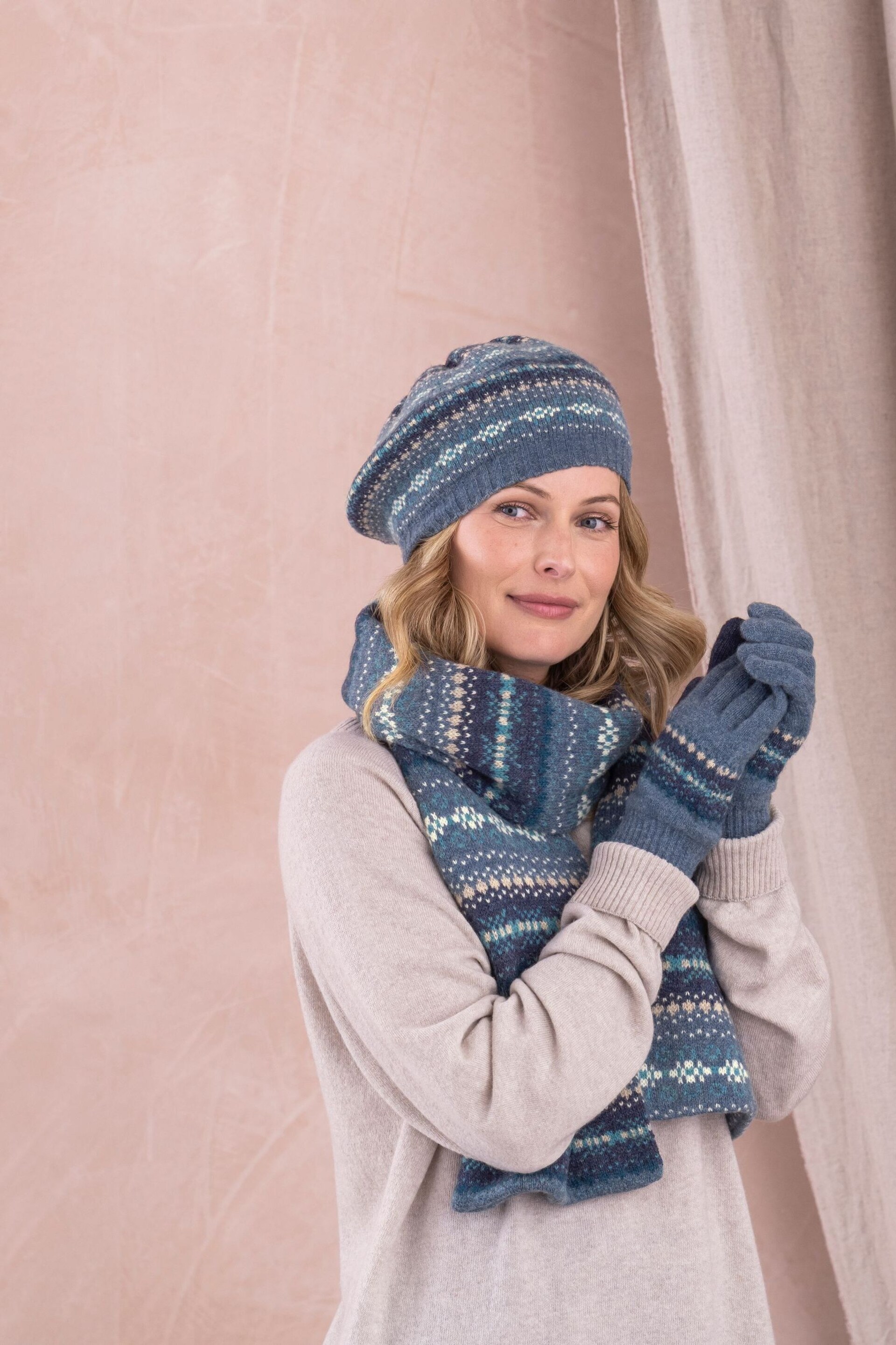 Celtic & Co. Blue Lambswool Fair Isle Beret Hat - Image 1 of 5