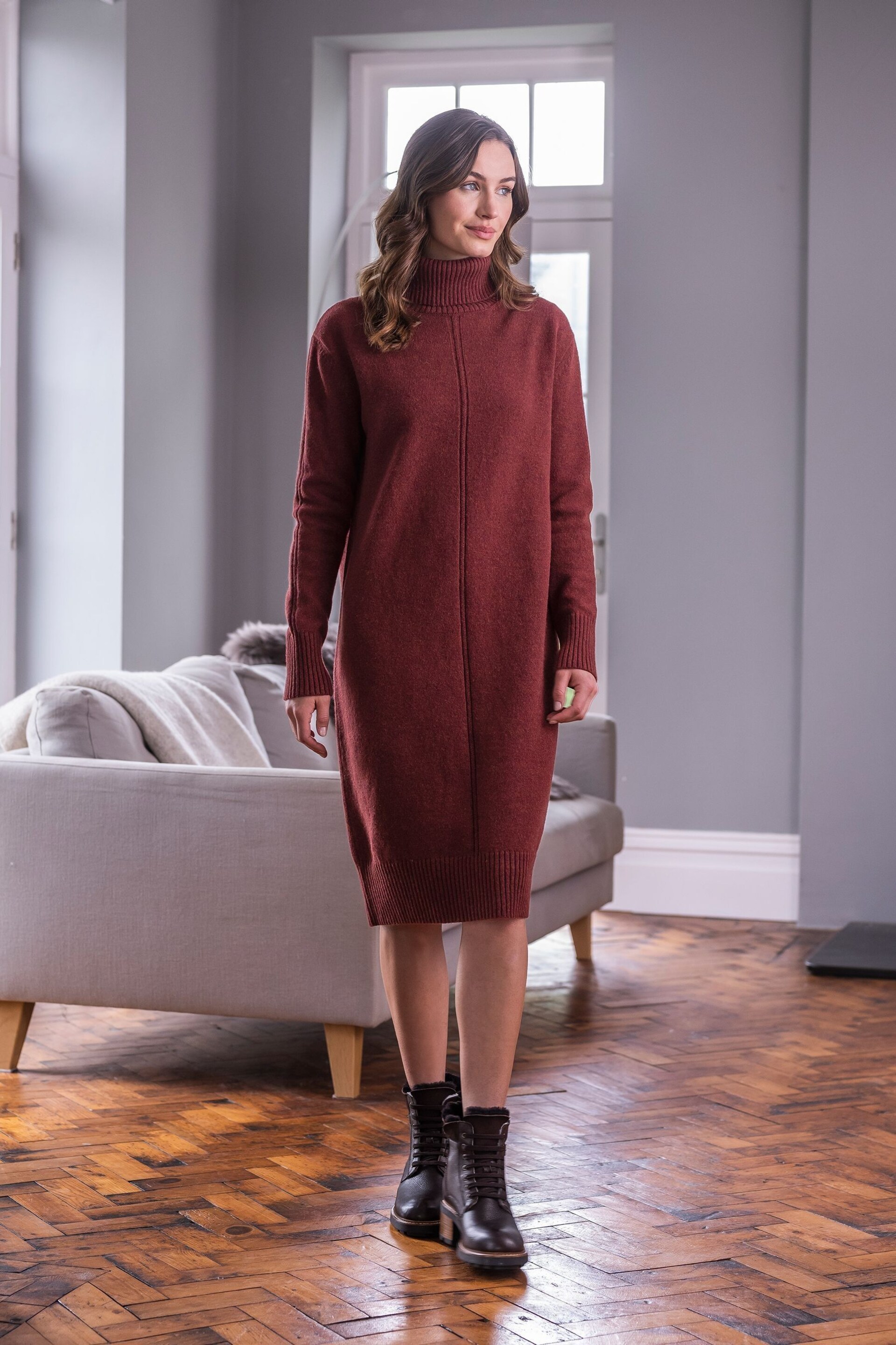 Celtic & Co. Lambswool Roll Neck Brown Dress - Image 3 of 10