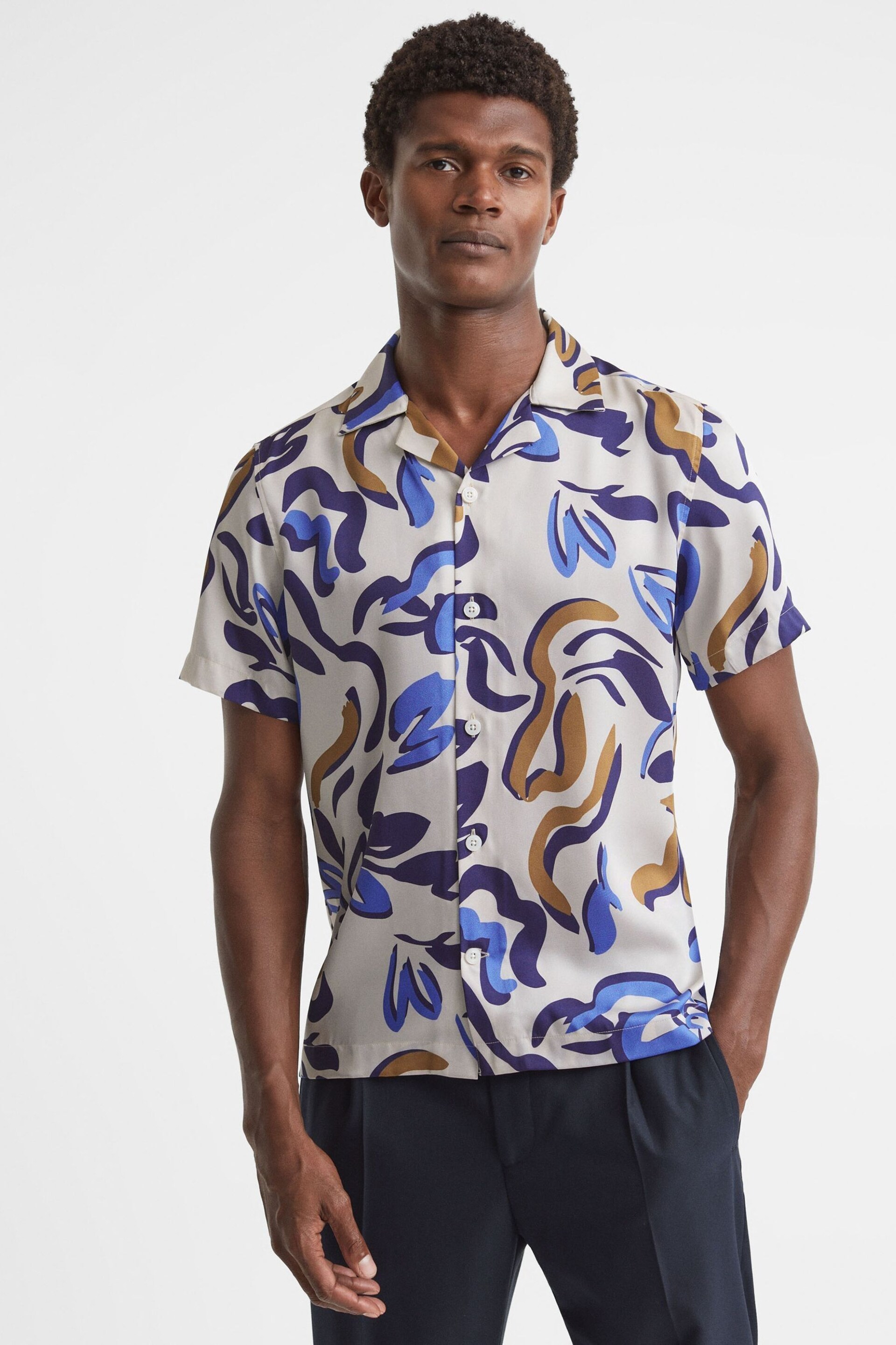 Reiss White Multi Scout Abstract Print Cuban Collar Shirt - Image 1 of 5