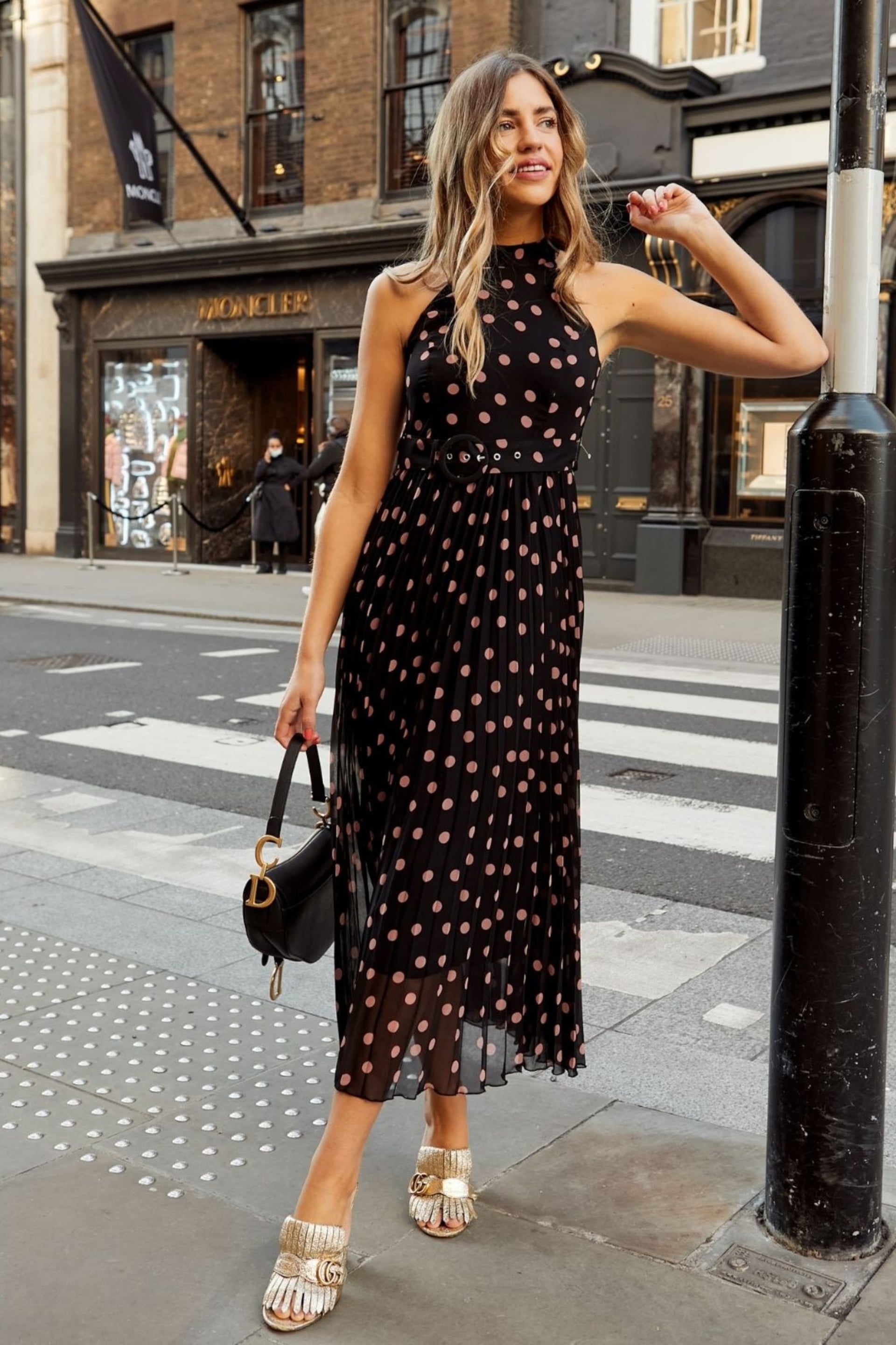 Style Cheat Black Blush Spot Luisa Halter Pleated Maxi Dress - Image 1 of 4