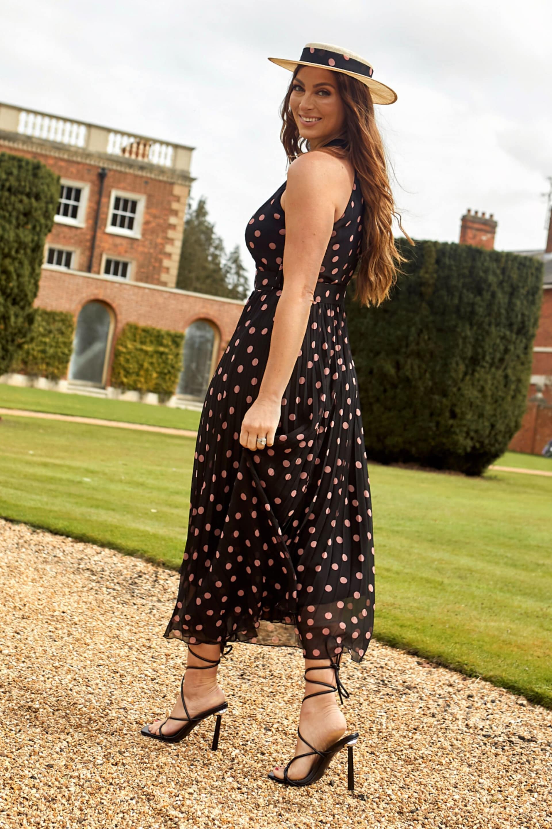 Style Cheat Black Blush Spot Luisa Halter Pleated Maxi Dress - Image 3 of 4