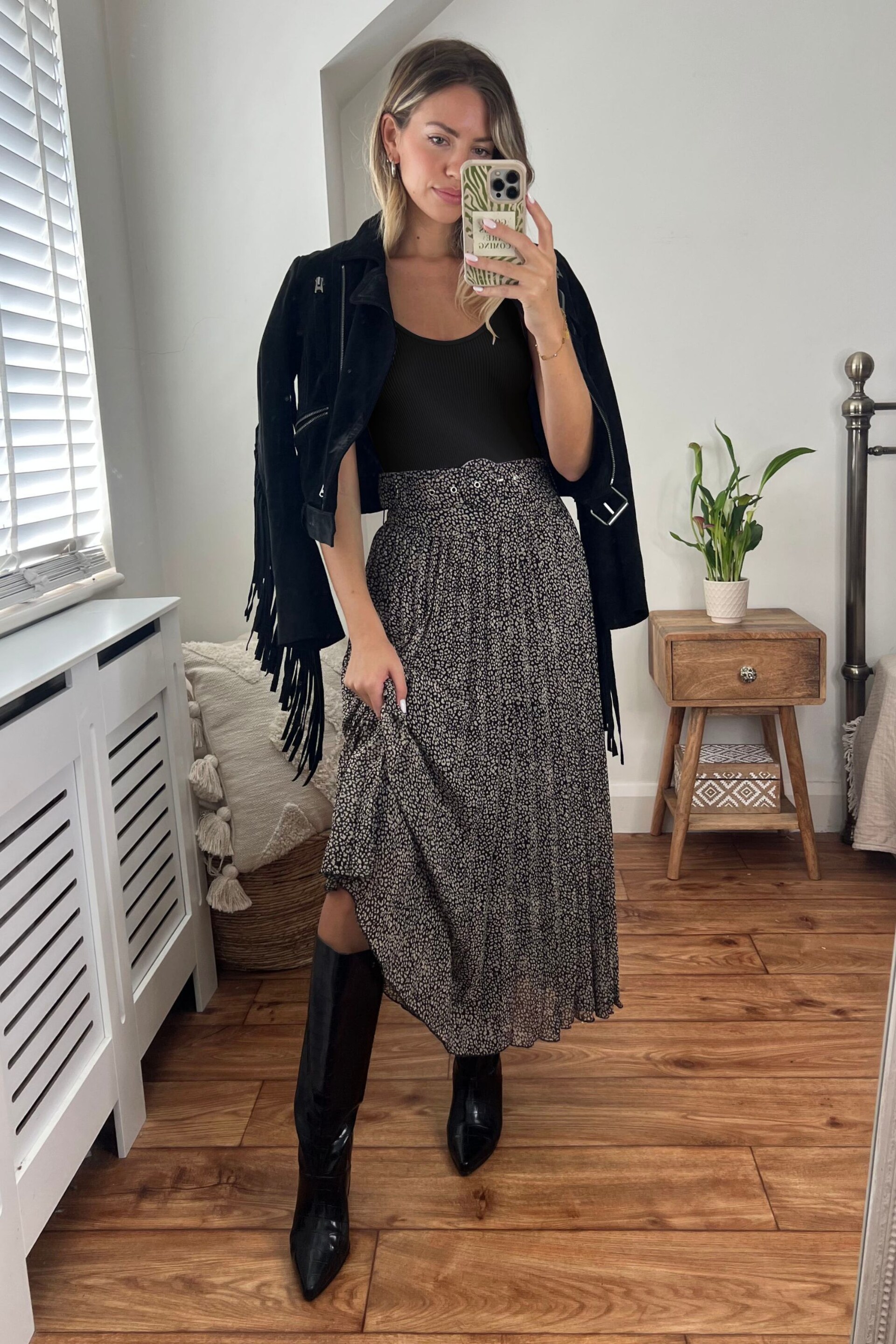 Style Cheat Black Pebble Print Demi Belted Pleated Midi Skirt - Image 1 of 4