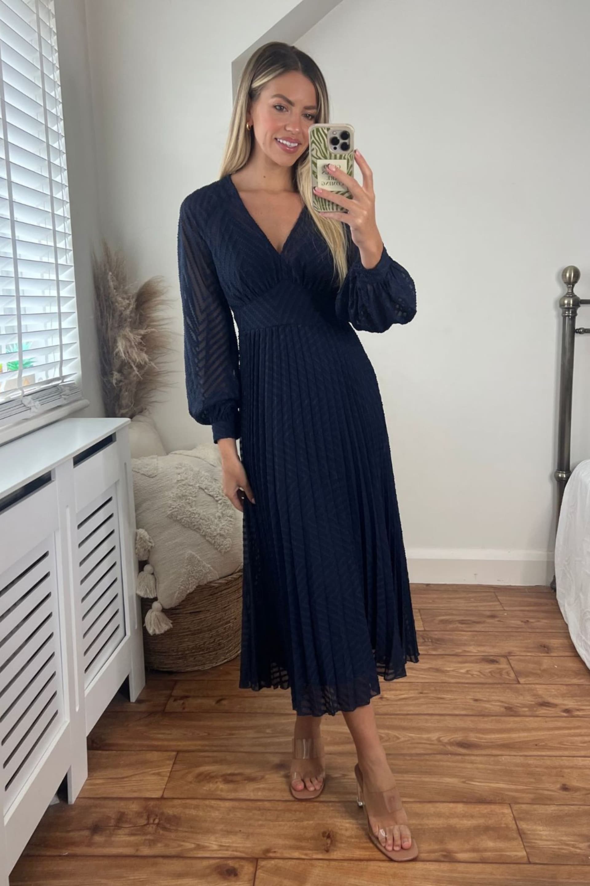 Style Cheat Navy Blue Dannica Pleated Balloon Sleeve Maxi Dress - Image 1 of 4