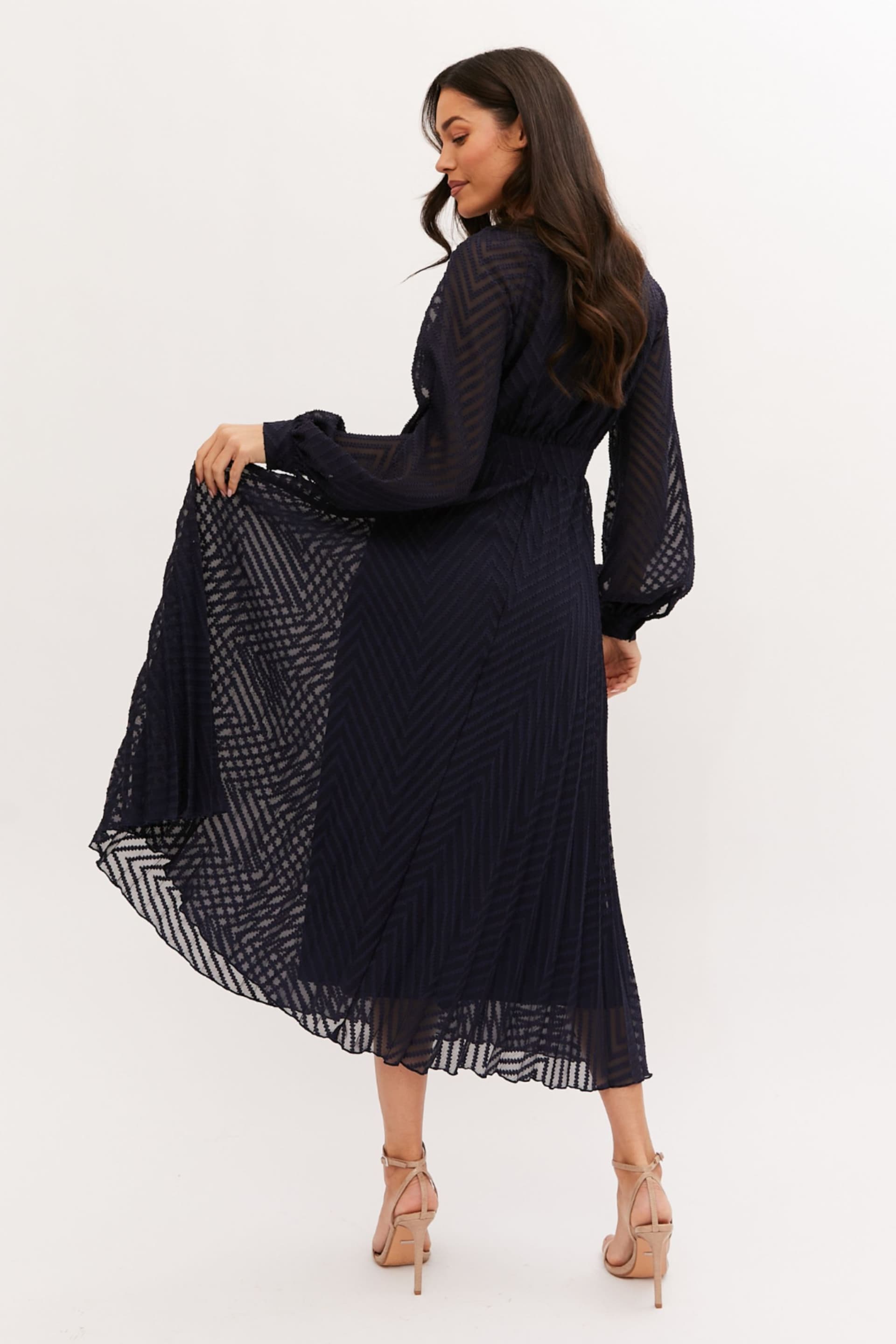 Style Cheat Navy Blue Dannica Pleated Balloon Sleeve Maxi Dress - Image 4 of 4
