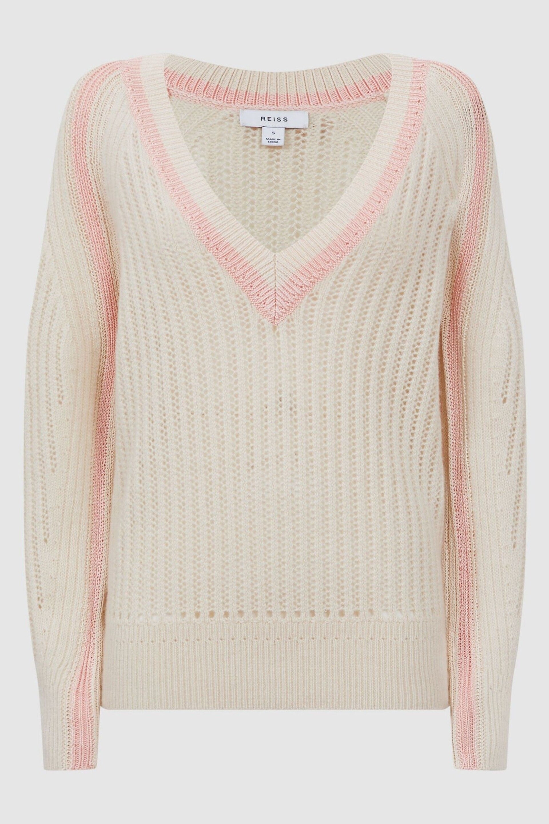 Reiss Cream/Nude Vale Wool Blend Knitted V-Neck Jumper - Image 2 of 5