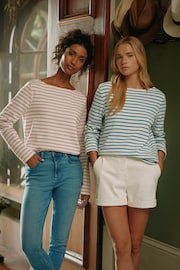 Joules New Harbour Cream & Pink Striped Boat Neck Breton Top - Image 1 of 7