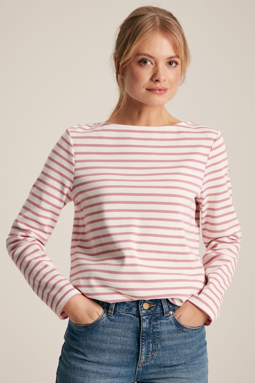 Joules New Harbour Cream & Pink Striped Boat Neck Breton Top - Image 2 of 7