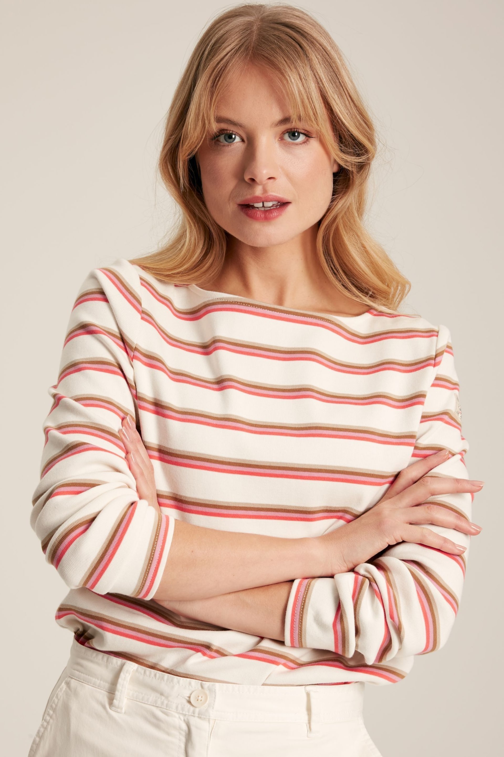 Joules New Harbour Pink & Tan Striped Boat Neck Breton Top - Image 1 of 6