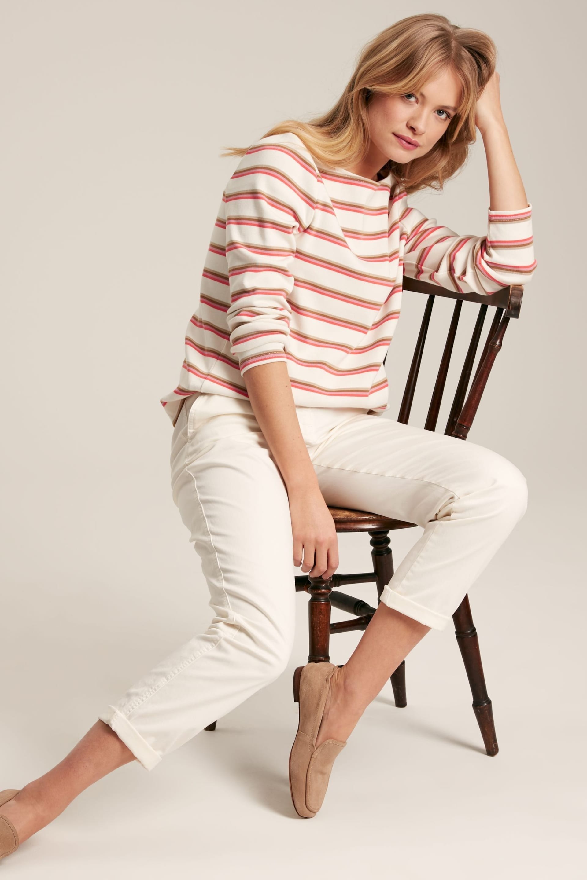 Joules New Harbour Pink & Tan Striped Boat Neck Breton Top - Image 3 of 6