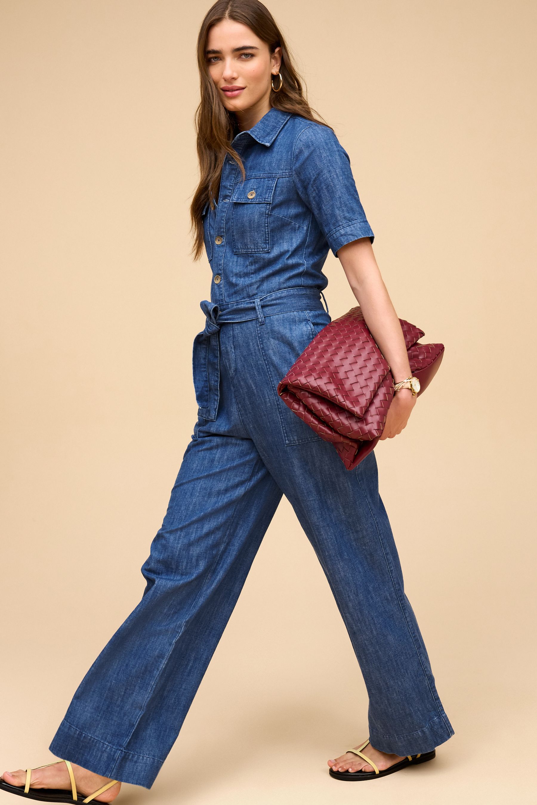 Mid Blue Lightweight Denim Wide Leg Jumpsuit