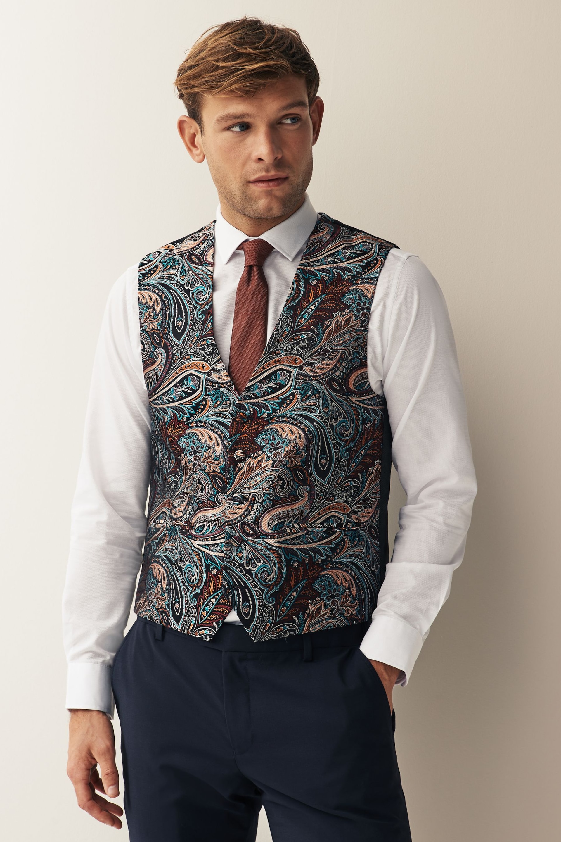 Multi Coloured Burgundy Red Paisley Occasion Waistcoat - Image 1 of 11
