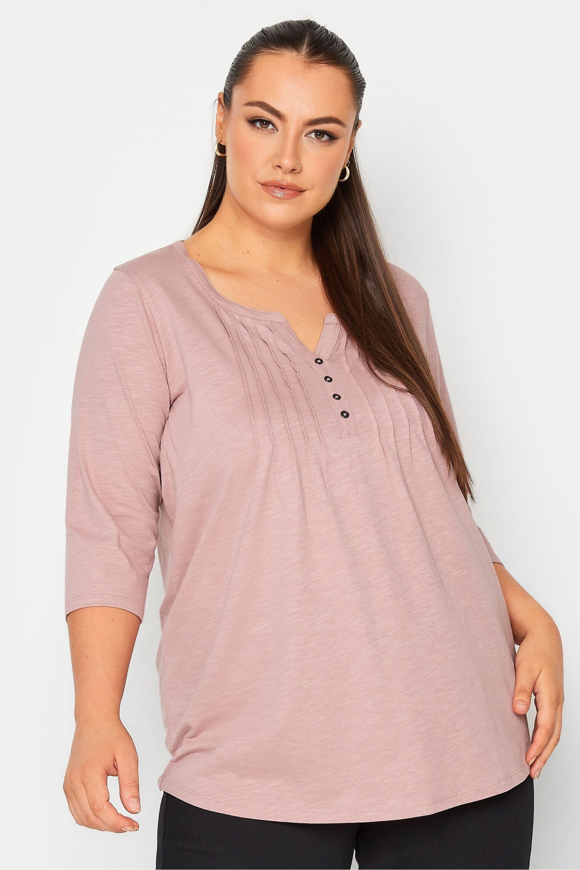 Yours Curve Pink Pintuck Henley Top - Image 1 of 4