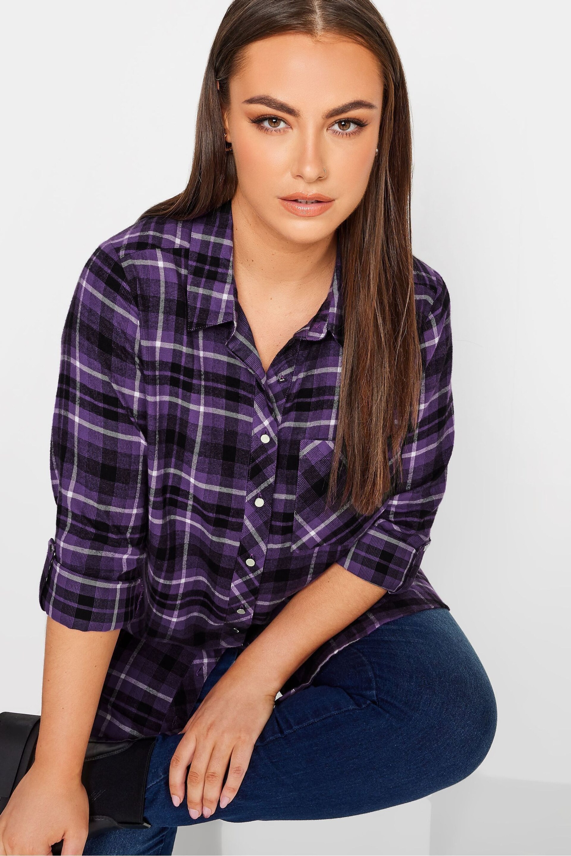 Yours Curve Black Check Brushed Boyfriend Shirt - Image 4 of 4