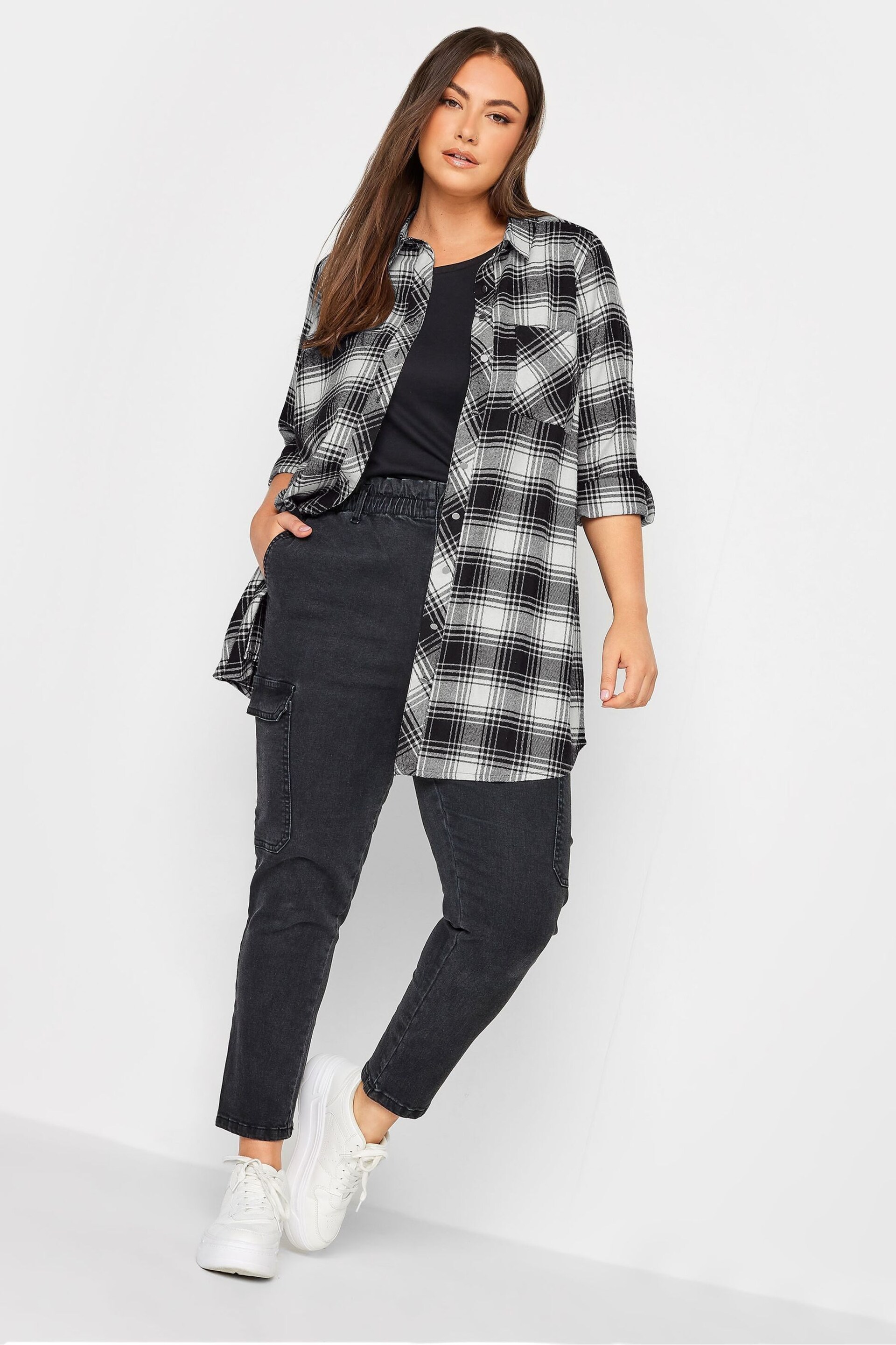 Yours Curve Black/White Check Brushed Boyfriend Shirt - Image 3 of 5