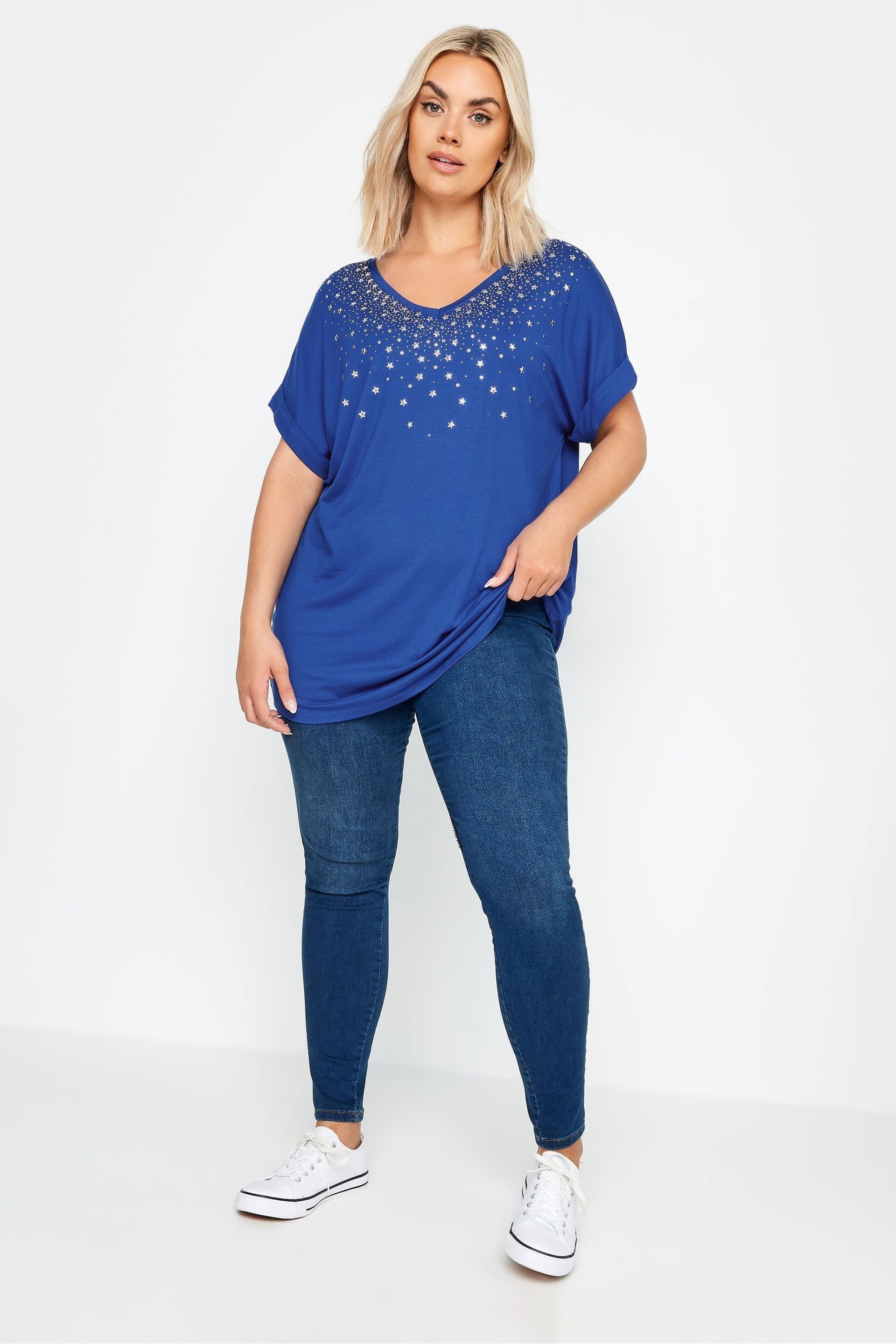 Yours Curve Navy Blue Sequin Star Embellished T-Shirt - Image 2 of 4