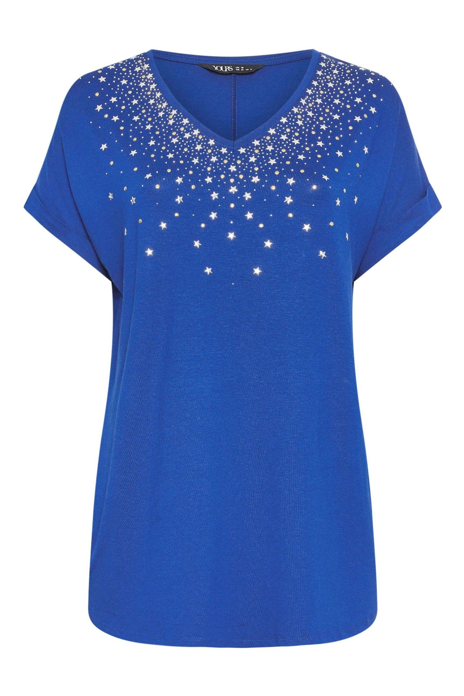 Yours Curve Navy Blue Sequin Star Embellished T-Shirt - Image 4 of 4