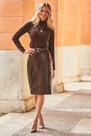 Sosandar Dark Brown Leather Buckle Detail Pencil Skirt - Image 1 of 4