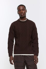 River Island Brown Cable Crewneck Jumper - Image 1 of 4