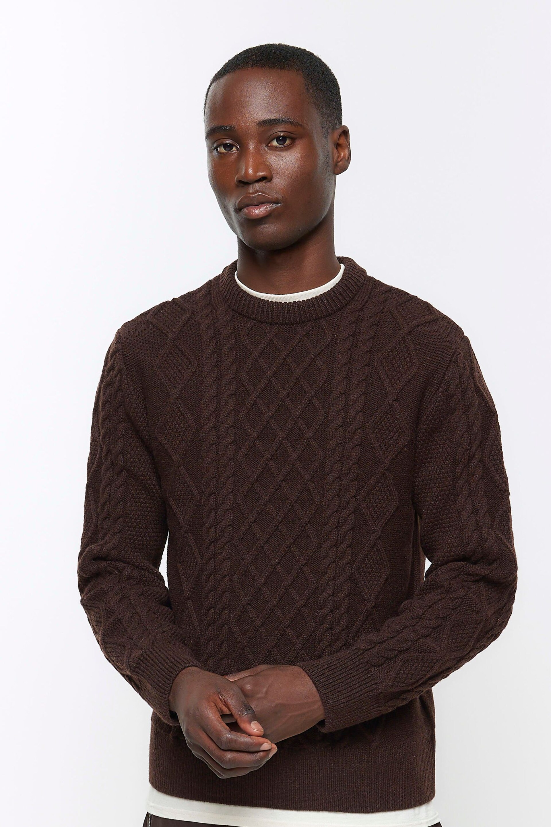 River Island Brown Cable Crewneck Jumper - Image 3 of 4