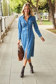 Sosandar Blue Midi Dress With Horn Buttons - Image 1 of 5