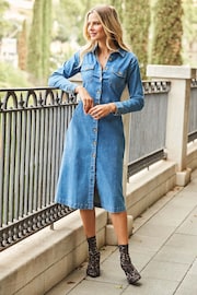 Sosandar Blue Midi Dress With Horn Buttons - Image 3 of 5