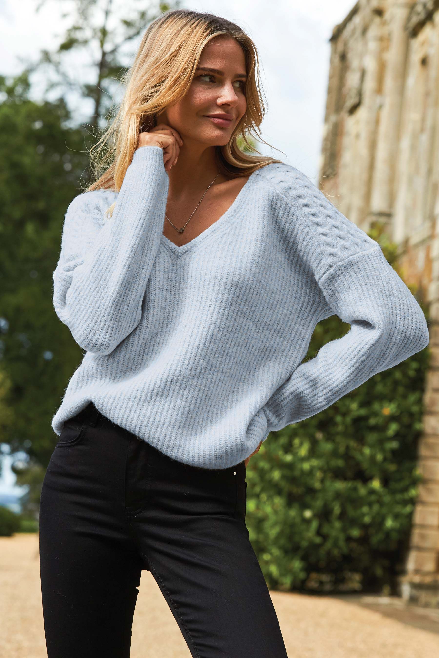 Buy Sosandar Blue Cable Shoulder V Neck Jumper from Next Luxembourg