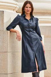Sosandar Blue Faux Leather Popper Front Shirt Dress - Image 6 of 7