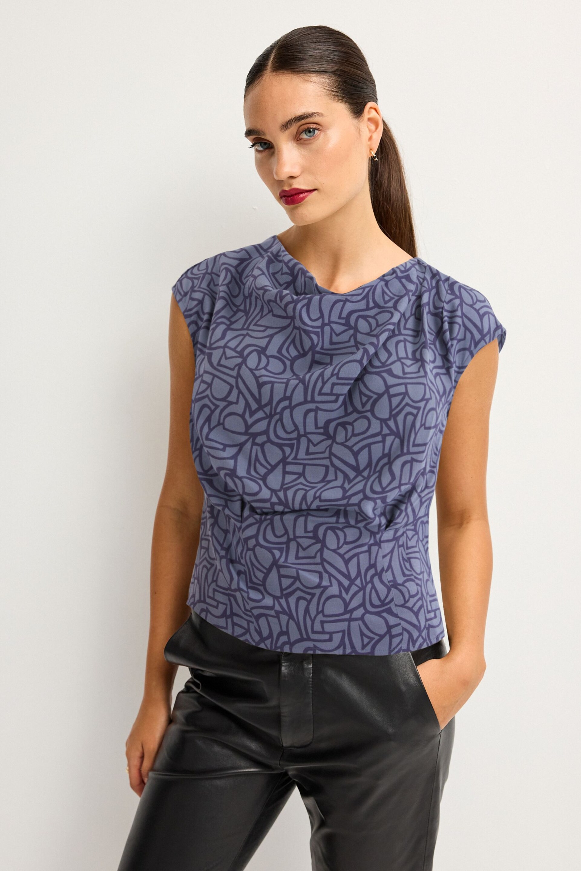 Navy Blue Geometric Print Cowl Neck Cap Sleeve Top - Image 1 of 5