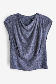 Navy Blue Geometric Print Cowl Neck Cap Sleeve Top - Image 4 of 5