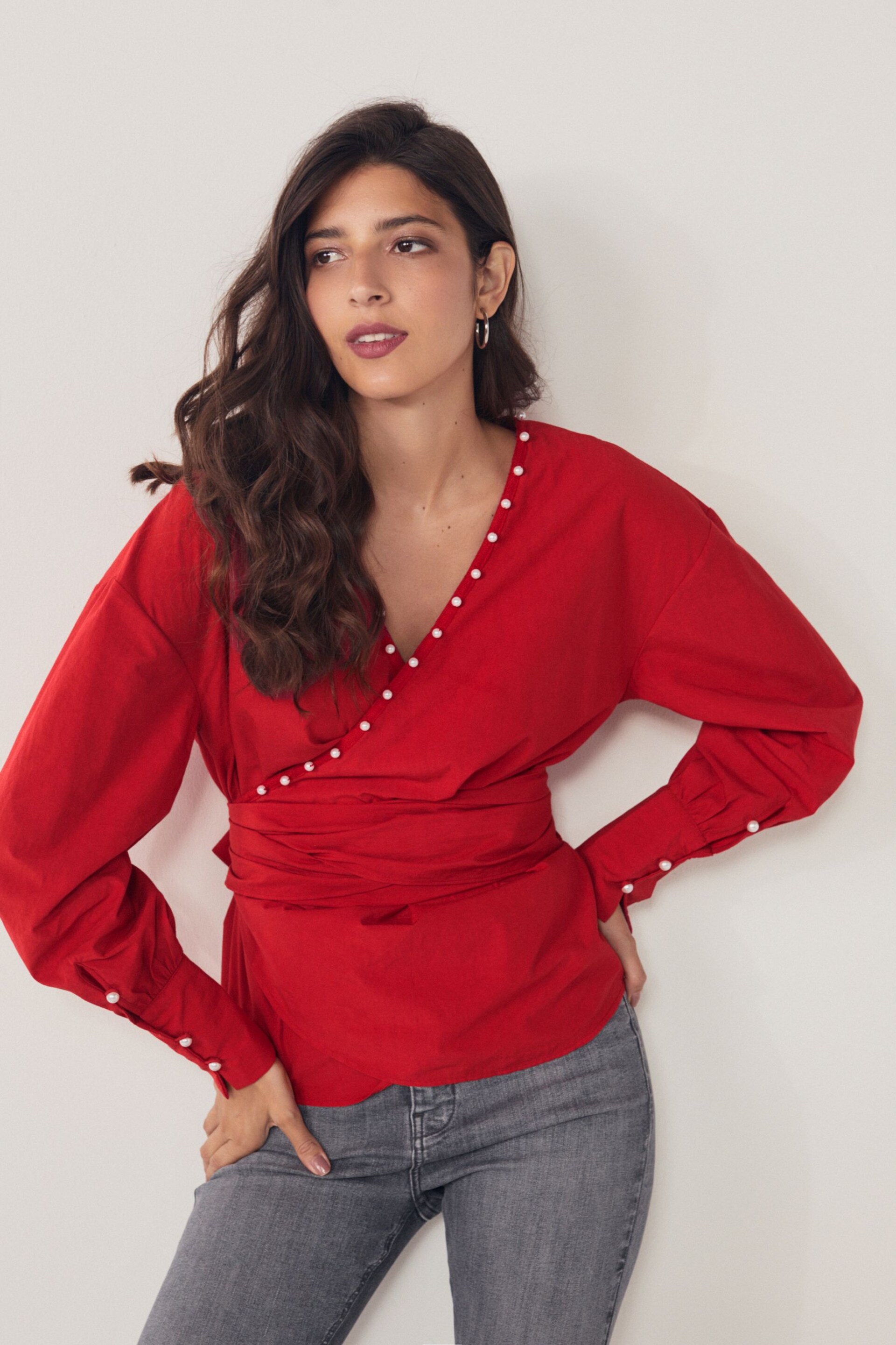 Red Long Sleeve Wrap Pearl Detail Shirt - Image 2 of 7