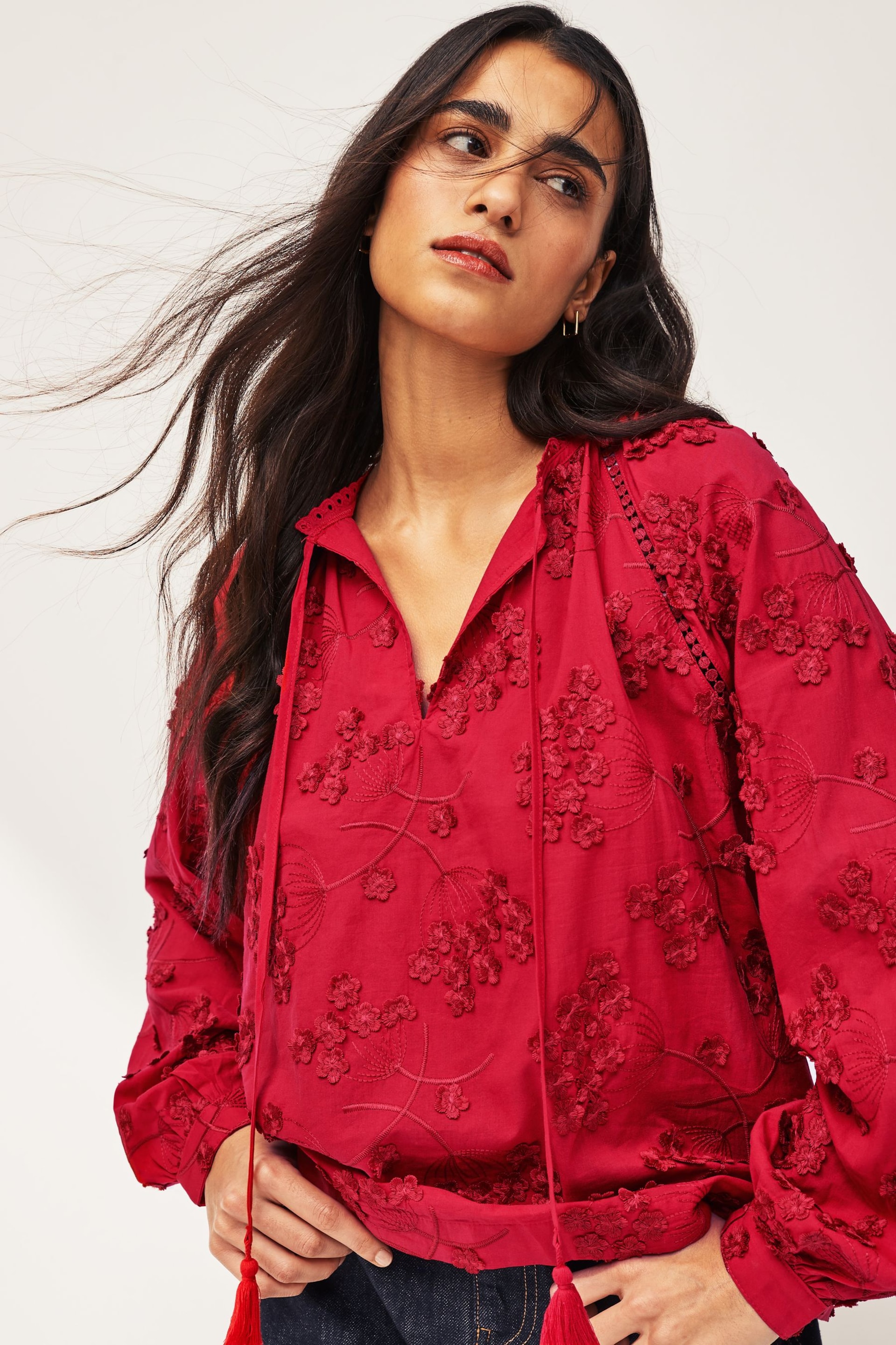 Red Tie Neck Floral Blouse - Image 1 of 7