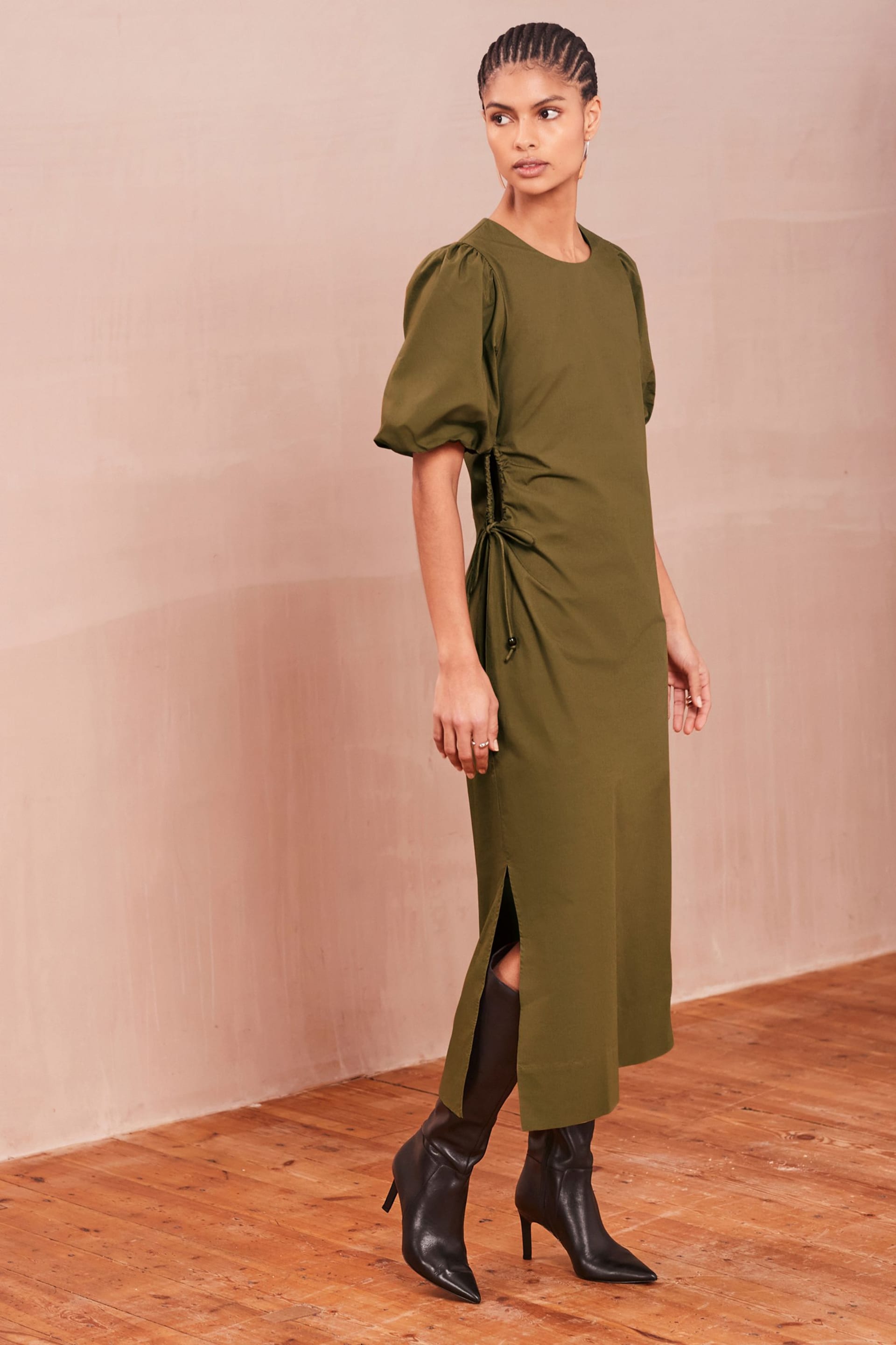 Khaki Green Ruched Side Puff Sleeve Midi Dress - Image 1 of 5