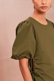 Khaki Green Ruched Side Puff Sleeve Midi Dress - Image 3 of 5
