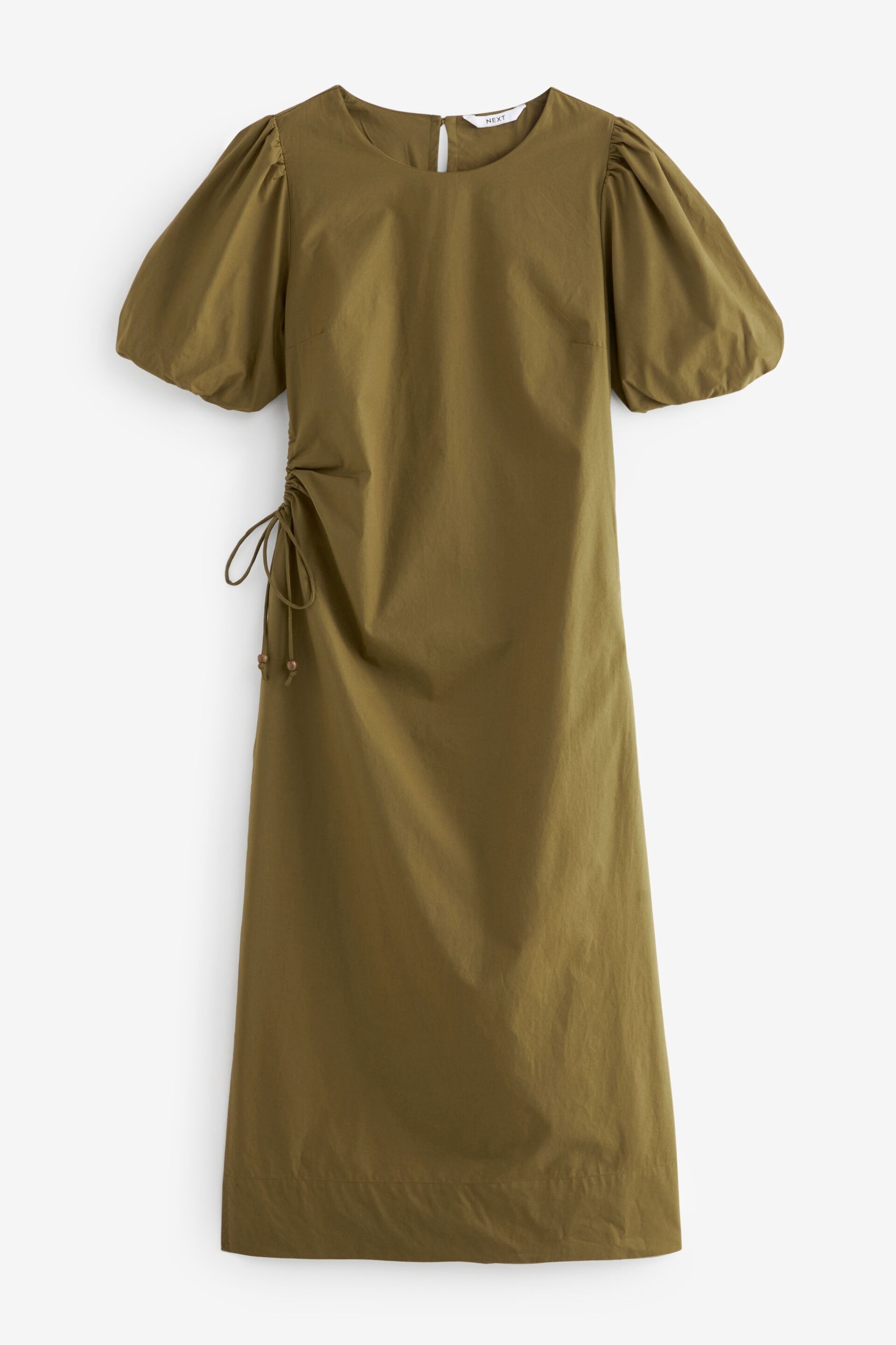 Khaki Green Ruched Side Puff Sleeve Midi Dress - Image 4 of 5