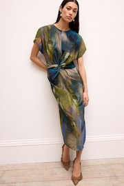 Blue Blur Print Twist Waist Short Sleeve Midi Dress - Image 1 of 6
