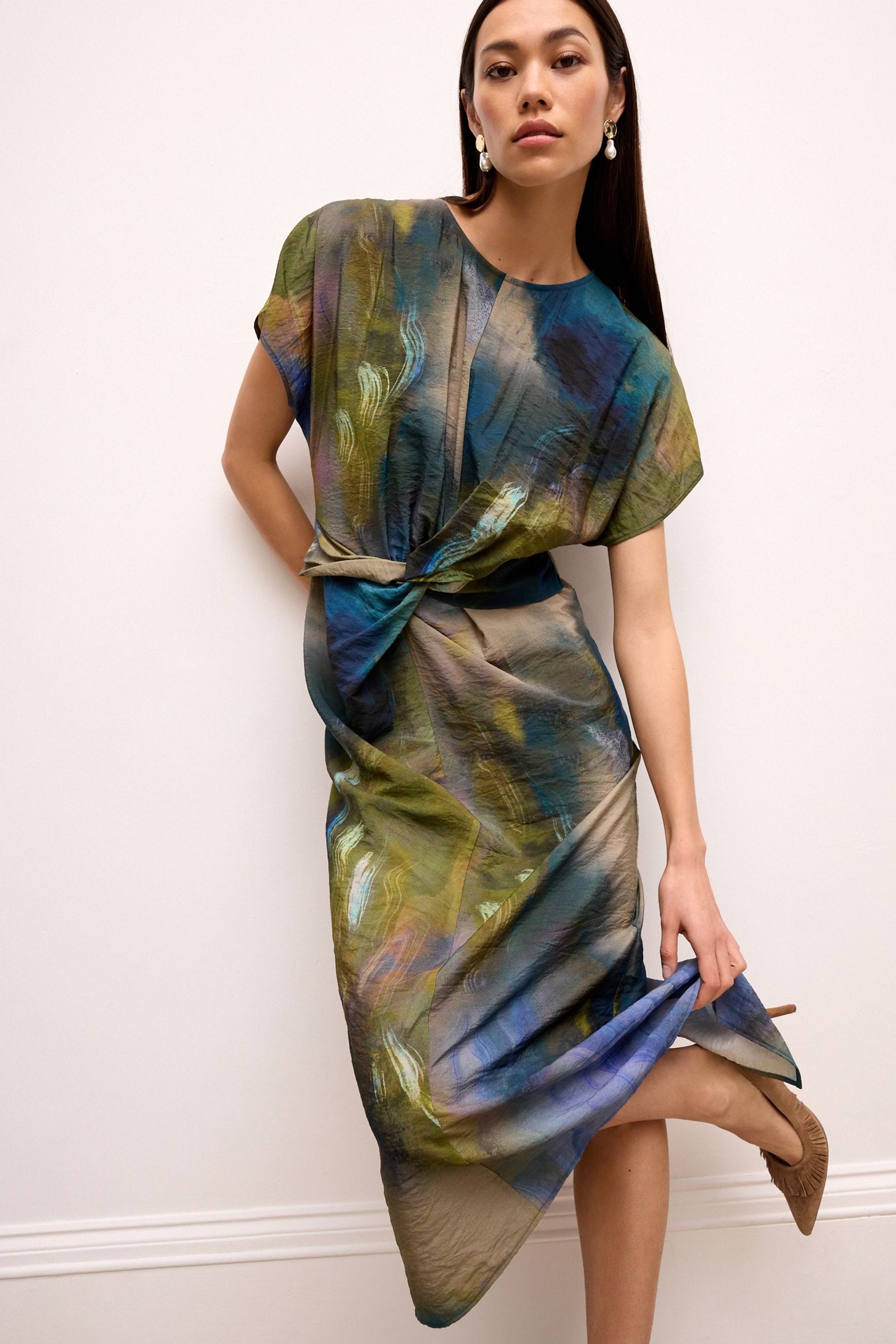 Buy Blue Blur Print Twist Waist Short Sleeve Midi Dress from Next Luxembourg
