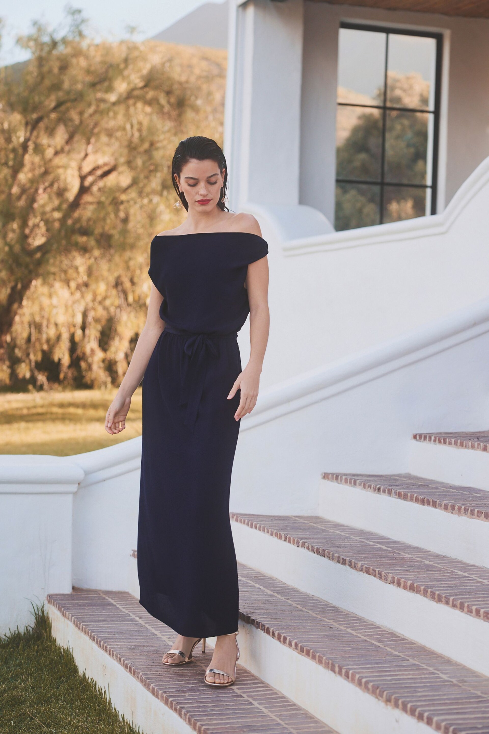 Navy Blue Sleeveless Knot Shoulder Column Maxi Dress - Image 1 of 5