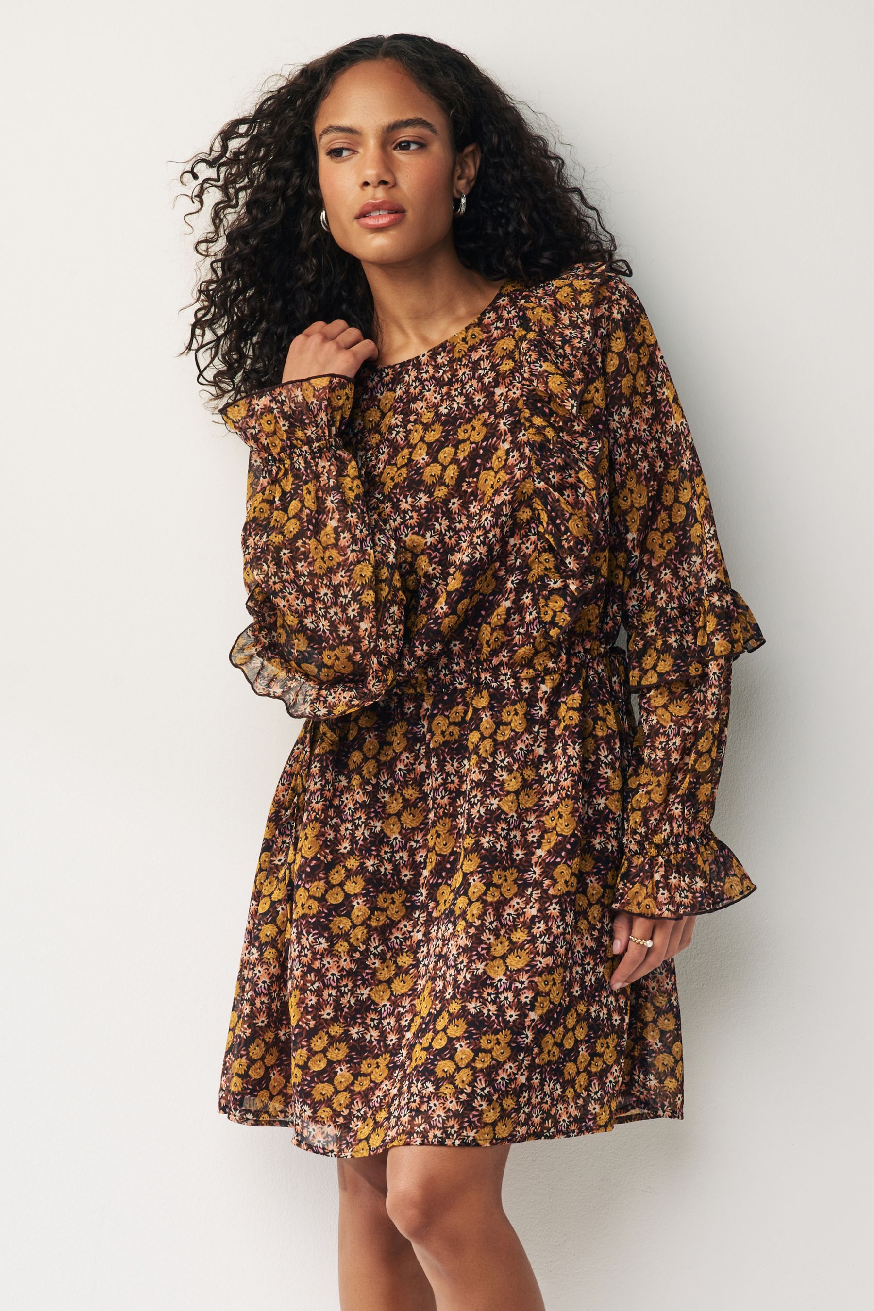 Long sleeve floral ruffle dress discount