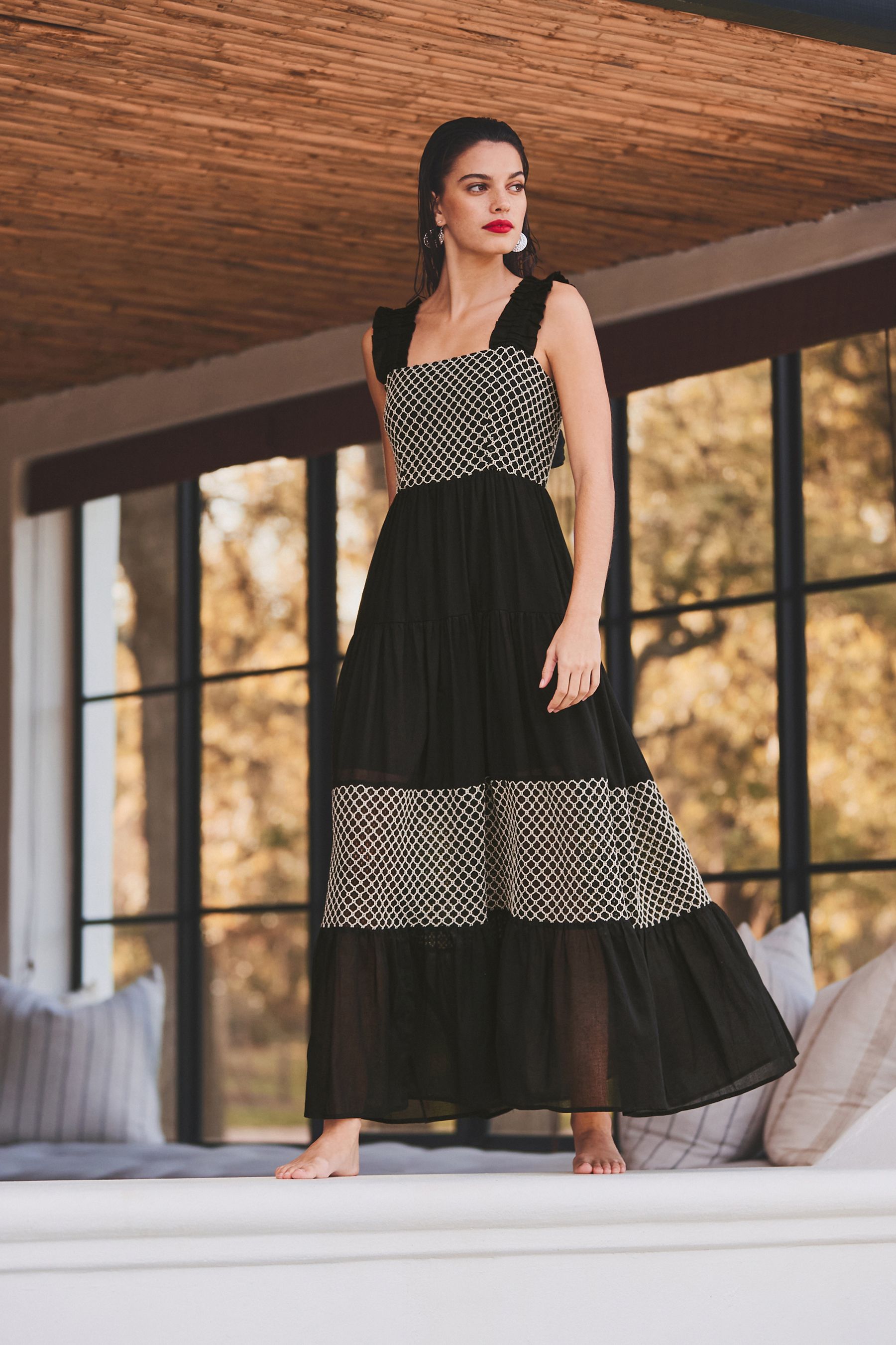 Buy Black Crochet Detail Tiered Maxi Dress from Next Luxembourg