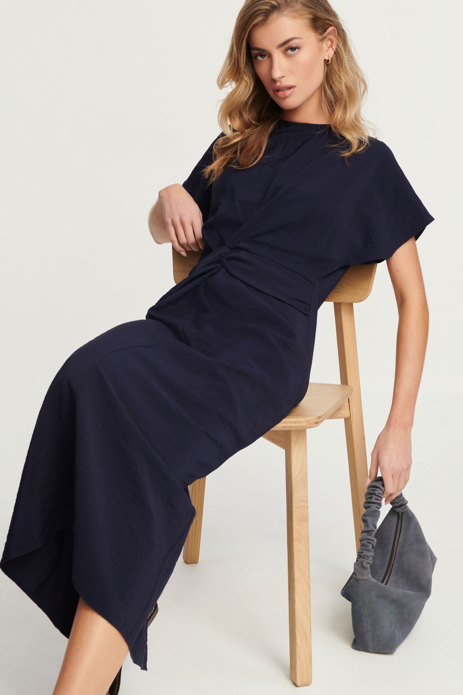 Navy Blue Twist Waist Short Sleeve Midi Dress