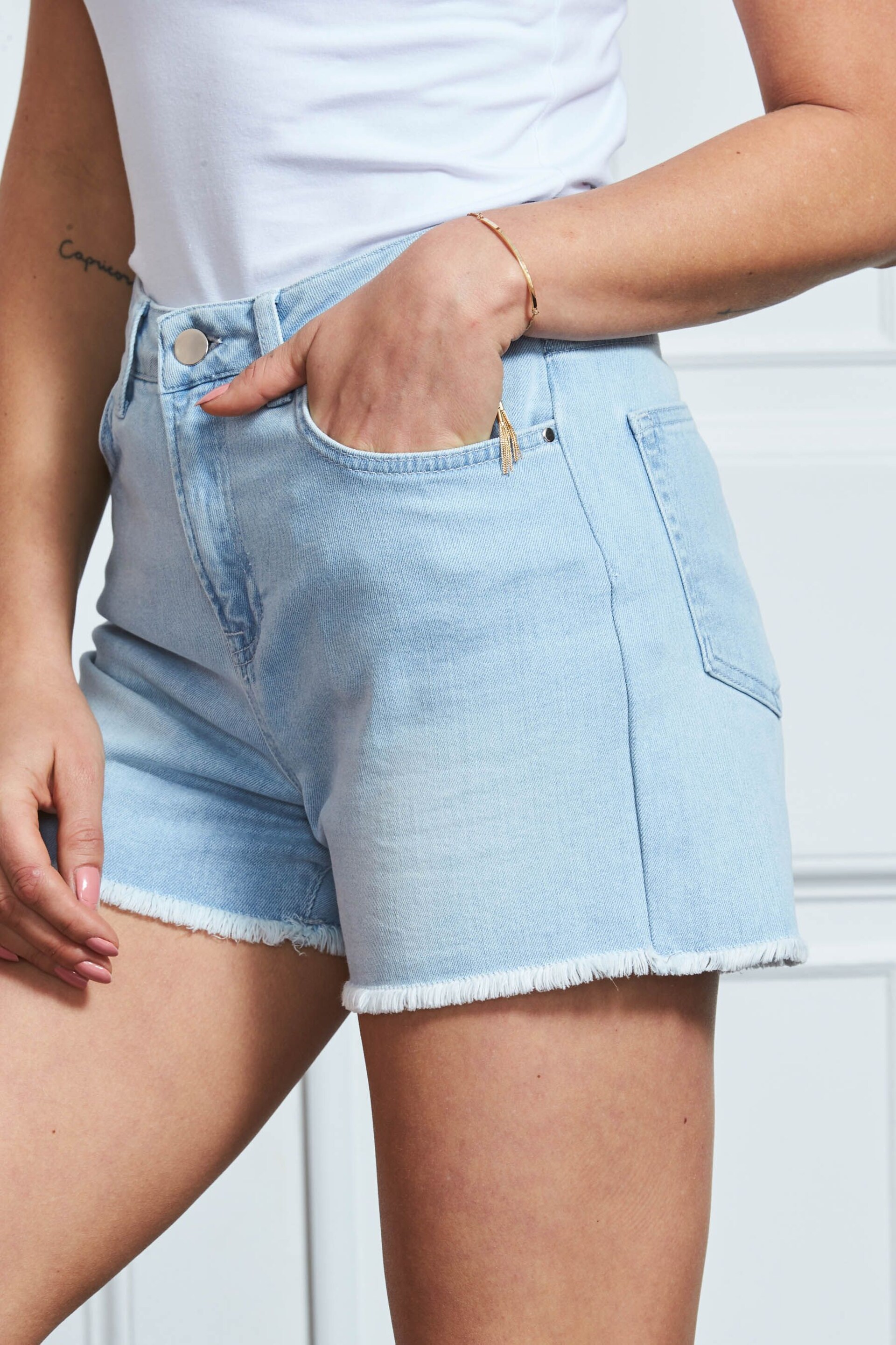 Sosandar Blue Denim Raw Edge Shorts - Image 3 of 5